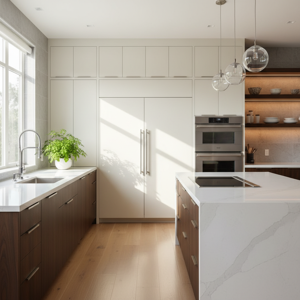 Upscale kitchen with integrated refrigerator and wall oven