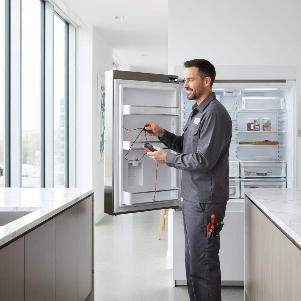 Professional appliance repair technician inspecting a refrigerator